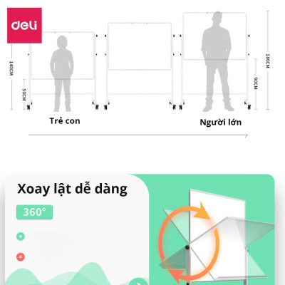 Bảng Từ Trắng Hai Mặt Xoay 360 Độ Có Chân Di Động Chữ H Điều Chỉnh Cao Thấp Deli - Bảng Flipchart - Phù Hợp Trường Học, Văn Phòng - Nhiều Kích Cỡ