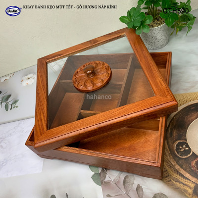 Khay Bánh Kẹo Mứt Tết Gỗ Hương Nắp Kính Vuông Trong Suốt Thiết Kế Trang Trọng - CTH590