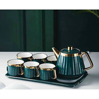 BỘ TÁCH CHÉN UỐNG TRÀ _  MÀU XANH, TRẮNG VIỀN VÀNG KÈM KHAY