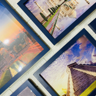 Bộ khung ảnh gỗ thông xanh Navy kì quan thế giới 9 BINBIN KAT143/Tặng đinh 3 chân