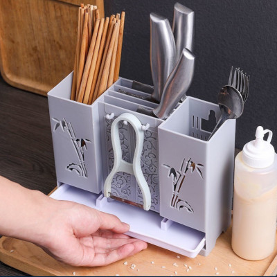 Kệ Cắm Dao ,Kéo, Đũa Muỗng Có Khay Hứng Nước Có Thể Dán Tường Hoặc Để Bàn - Hàng Chính Hãng