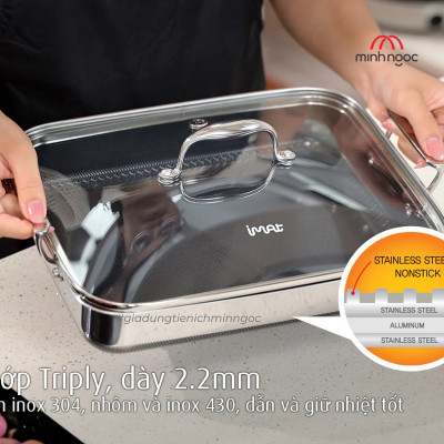 [Hàng chính hãng-iMat hybrid] Chảo vuông đa năng 24cm hai tay cầm iMat Hybrid kèm vung kính  chống dính Ceramic đen