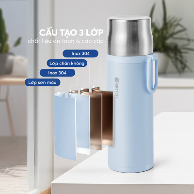 Bình giữ nhiệt inox 304 Elmich EL8328 480ml, Hàng chính hãng, nắp tích hợp làm cốc uống, đế silicone chống trượt - JoyMall