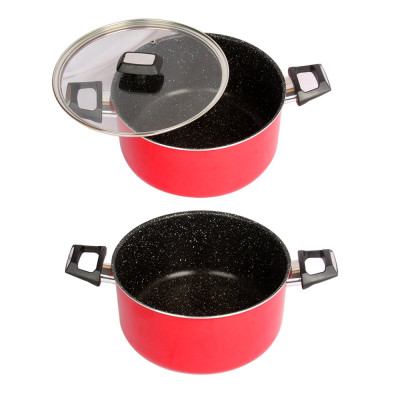 Combo 2 món cao cấp Hàn Quốc, nồi chống dính vân đá Kimscook, quai chống nóng, nắp kính cường lực viền inox size 24 cm và Chảo đúc chống dính Ecoramic Megastone cao cấp sâu lòng màu mận tím 28 cm, dùng bếp gas, hồng ngoại, ...  Hàng chính hãng