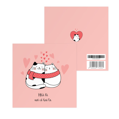 Thiệp tình yêu, Valentine, cặp đôi, SDstationery Nhà Là Nơi, hình đôi mèo dễ thương, vuông 12x12 cm