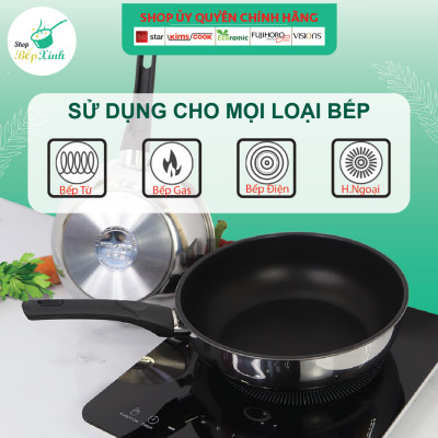 Chảo inox chống dính sâu lòng có nắp kính cao cấp Fivestar 24cm , 26cm  , tặng 1 sạn dừa , tay cầm cách nhiệt