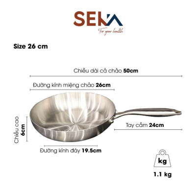 Chảo inox Nguyên khối nông lòng SEKA size 16, 22, 26,28cm sử dụng cho mọi loại bếp