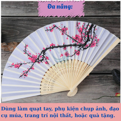 Quạt cầm tay cán tre hình hoa đào truyền thống 38x21cm- Quạt tay vải lụa cán tre- Quạt gấp họa tiết hoa mai phong cách Á Đông- Quạt trang trí thủ công vintage- Quạt tay cổ điển in hoa nghệ thuật