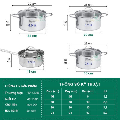 Bộ nồi và chảo chống dính Blackcube tổ ong sâu lòng 3 lớp đáy liền inox 304 Fivestar Plus 5 món quai oval nắp kính