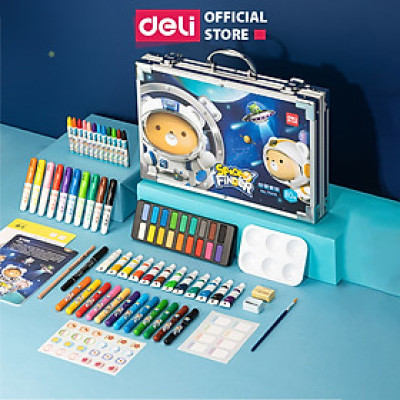 Hộp Bút Màu Tô Vẽ Tranh Cho Bé Đầy Đủ Các Dạng Màu Deli - Kèm Sticker Khay Pha Màu Tẩy Bút Chì Gọt Bút Đi Nét Tranh Tô Màu - Quà Tặng Cho Bé 
