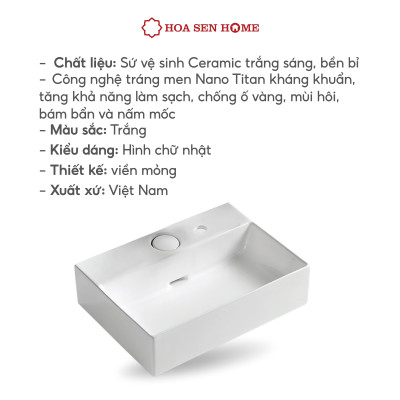 Lavabo đặt bàn TUSLO Pro PALL015, sứ vuông để bàn, chất liệu sứ Ceramic cao cấp, công nghệ men Nano kháng khuẩn đến 89% - Hàng chính hãng