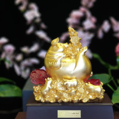 Tượng heo gậy như ý dát vàng(17x14x22 cm) MT Gold Art- Hàng chính hãng, trang trí nhà cửa, phòng làm việc, quà tặng sếp, đối tác, khách hàng, tân gia, khai trương 
