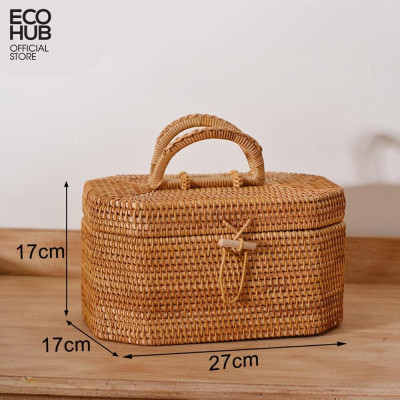 Hộp đựng đồ ECOHUB bằng mây 8 cạnh có nắp đậy, tay cầm