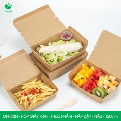 MFHD3N - Combo 100 hộp giấy kraft thực phẩm 1200ml, hộp đựng thức ăn nắp đậy màu nâu, hộp gói đồ ăn mang đi