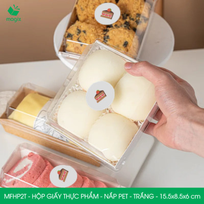 MFHP2T - 15.5x8.5x6 cm - 25 hộp giấy thực phẩm màu trắng nắp Pet, hộp giấy chữ nhật đựng thức ăn, hộp bánh nắp trong