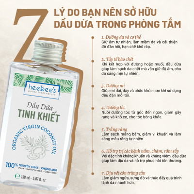 Dầu Dừa Nguyên Chất Ép Lạnh Heebee’s 100% Tự Nhiên, Không Mùi, Đa Năng, Dưỡng Ẩm Da & Tóc 50/150ml