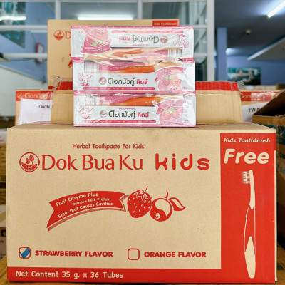 [COMBO 6 HỘP] Kem đánh răng thảo dược Dokbuaku cho bé vị dâu tây không sâu răng - 35g