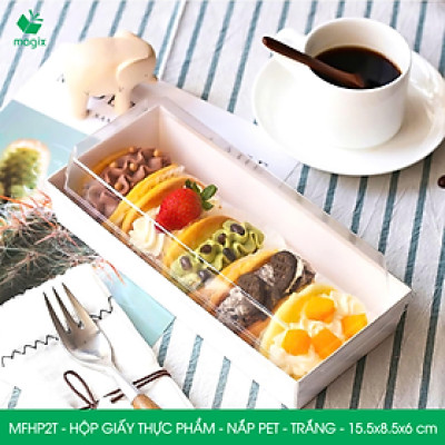MFHP2T - 15.5x8.5x6 cm - 50 hộp giấy thực phẩm màu trắng nắp Pet, hộp giấy chữ nhật đựng thức ăn, hộp bánh nắp trong