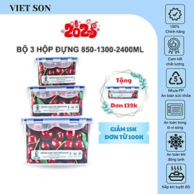 [TẶNG KHAY RÁO NƯỚC] Bộ 3 Hộp Đựng Thực Phẩm VIETSON (850,1300,2400ml) Nắp Khóa 4 Cạnh Kín Hơi