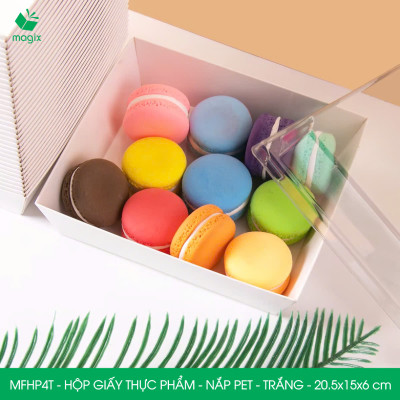 MFHP4T - 20.5x15x6 cm - 100 hộp giấy thực phẩm màu trắng nắp Pet, hộp giấy chữ nhật đựng thức ăn, hộp bánh nắp trong