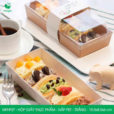 MFHP2T - 15.5x8.5x6 cm - 50 hộp giấy thực phẩm màu trắng nắp Pet, hộp giấy chữ nhật đựng thức ăn, hộp bánh nắp trong