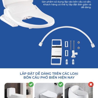 Nắp Bồn Cầu Điện Tử LUVA Bidet LB625 Điều Khiển Cảm Ứng Tiếng Việt, Đổi Lỗi 100 Ngày, Sấy Khô, Chống Nước IPX5, Sấy Vành Ngồi, Chế Độ Rửa Trẻ Em