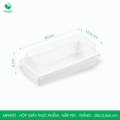 MFHP3T - 20x12.5x6 cm - 25 hộp giấy thực phẩm màu trắng nắp Pet, hộp giấy chữ nhật đựng thức ăn, hộp bánh nắp trong