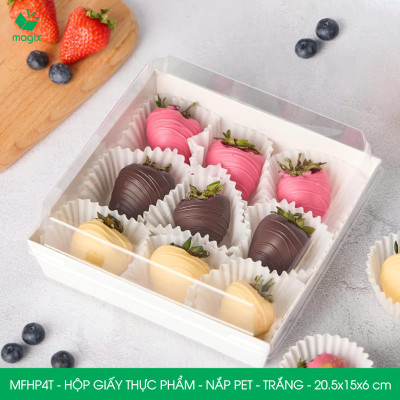 MFHP4T - 20.5x15x6 cm - 100 hộp giấy thực phẩm màu trắng nắp Pet, hộp giấy chữ nhật đựng thức ăn, hộp bánh nắp trong