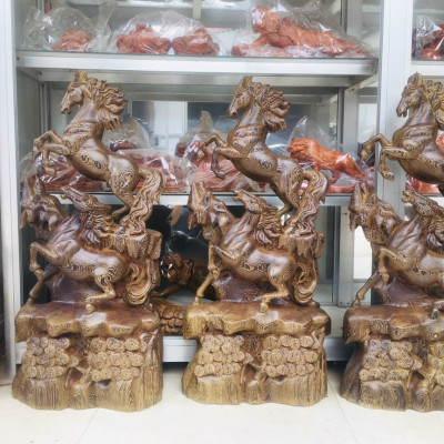 Tượng con ngựa song mã uyên ương bằng gỗ mun đuôi công kt cao 70×32×14cm 