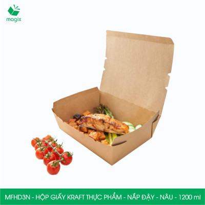 MFHD3N - Combo 100 hộp giấy kraft thực phẩm 1200ml, hộp đựng thức ăn nắp đậy màu nâu, hộp gói đồ ăn mang đi