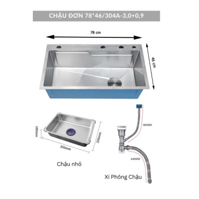 Combo chậu rửa chén bát 1 hố lớn Valenza 7846 inox sus304 chuẩn 100% kèm vòi rửa bát dáng Vuông Valenza sus304, bộ xả to ngăn mùi, khay inox kín-TẶNG BÌNH NƯỚC RỬA CHÉN