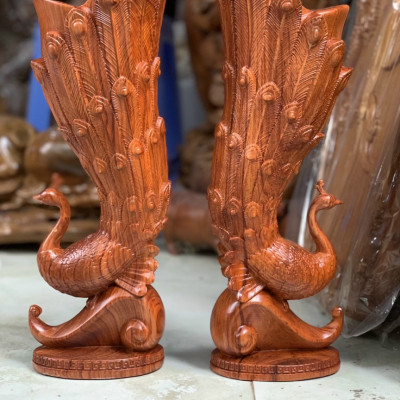 Cặp chim công cắm hoa trang trí nghệ thuật bằng gỗ hương đá kt cao 25×10×9cm