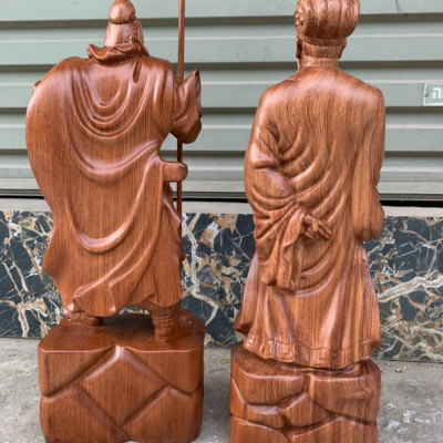 Cặp đôi văn võ song toàn tượng khổng minh gia cát lượng và quan công bằng gỗ hương kt 40×14×13cm