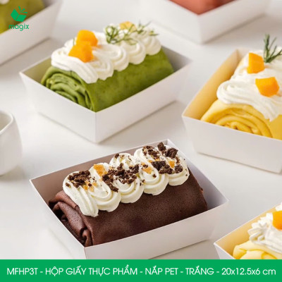 MFHP3T - 20x12.5x6 cm - 25 hộp giấy thực phẩm màu trắng nắp Pet, hộp giấy chữ nhật đựng thức ăn, hộp bánh nắp trong