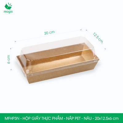 MFHP3N - 20x12.5x6 cm - 25 hộp giấy kraft thực phẩm màu nâu nắp Pet, hộp giấy chữ nhật đựng thức ăn, hộp bánh nắp trong