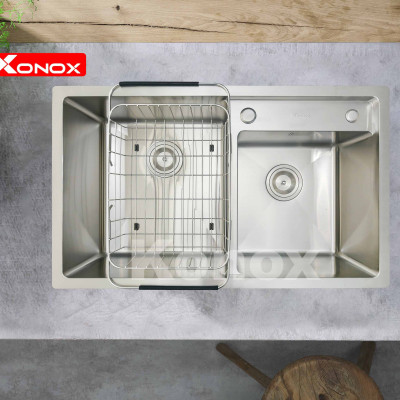 Chậu rửa bát Konox, Overmount Series, Model KN8248DO, Inox 304AISI tiêu chuẩn châu Âu, 820x480x228(mm), Full set gồm Siphon + giá úp bát inox, Hàng chính hãng