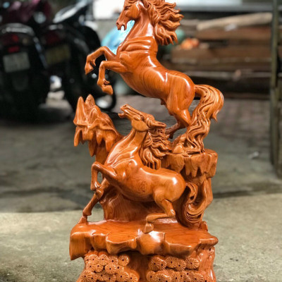 Tượng con ngựa song mã uyên ương bằng gỗ hương đá kt 30×12×7cm