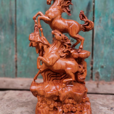 Tượng con ngựa song mã uyên ương bằng gỗ hương đá kt 30×12×7cm