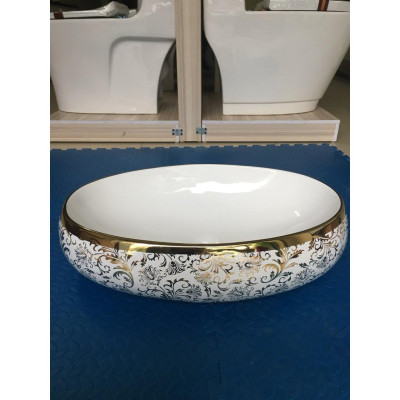 Chậu rửa mặt, Lavabo hoa văn elip vàng cao cấp nhập khẩu chính hãng GROVES 065C (đẹp, sang trọng quý phái, sáng bền với thời gian)