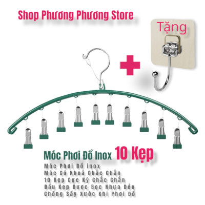 Móc phơi quần áo inox có khóa móc treo chắc chắn - 10 kẹp được phủ nhựa chống sầy xước khi phơi đồ ( tặng móc dán inox to ) Hàng Cao Cấp 