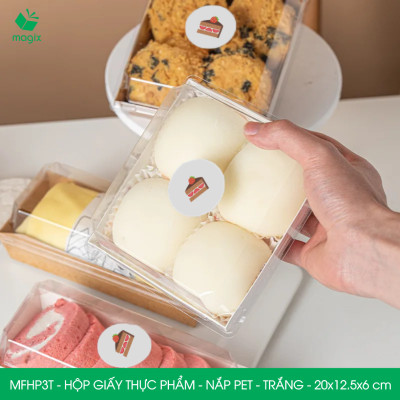 MFHP3T - 20x12.5x6 cm - 25 hộp giấy thực phẩm màu trắng nắp Pet, hộp giấy chữ nhật đựng thức ăn, hộp bánh nắp trong