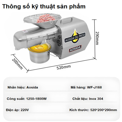 Máy ép dầu thực vật Nóng và Lạnh Thương hiệu Anh Quốc AOSIDA cao cấp WF-J168, Công Suất Cực Lớn 1800W - Bảo Hành 12 Tháng (Hàng Nhập Khẩu)
