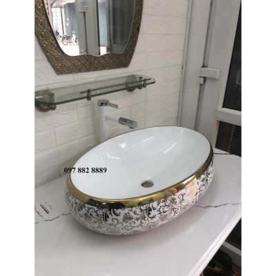 Chậu rửa mặt, Lavabo hoa văn elip vàng cao cấp nhập khẩu chính hãng GROVES 065C (đẹp, sang trọng quý phái, sáng bền với thời gian)