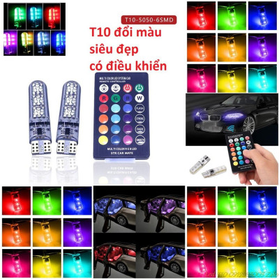 <NEWTREND> Bộ 2 đèn Led T10, W5W RGB 16 màu kèm Remote điều khiển 6 SMD 5050 lắp đèn led demi,biển số, cốp sau