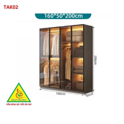 Tủ quần áo gỗ MDF cánh kính cường lực khung nhôm TAK03A - Nội thất lắp ráp Viendong Adv