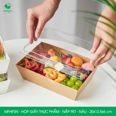 MFHP3N - 20x12.5x6 cm - 25 hộp giấy kraft thực phẩm màu nâu nắp Pet, hộp giấy chữ nhật đựng thức ăn, hộp bánh nắp trong