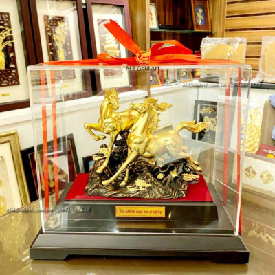 Tượng ngựa dát vàng 24k(32x30x20cm) MT Gold Art- Hàng chính hãng, quà tặng sếp, đối tác, khách hàng vip, trang trí nhà cửa, để bàn làm việc 