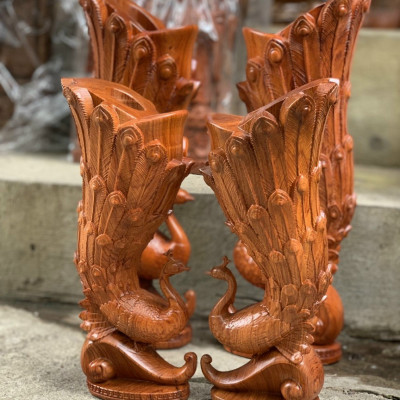 Cặp chim công cắm hoa trang trí nghệ thuật bằng gỗ hương đá kt cao 25×10×9cm