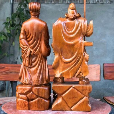 Cặp đôi văn võ song toàn tượng khổng minh gia cát lượng và quan công bằng gỗ hương kt 40×14×13cm