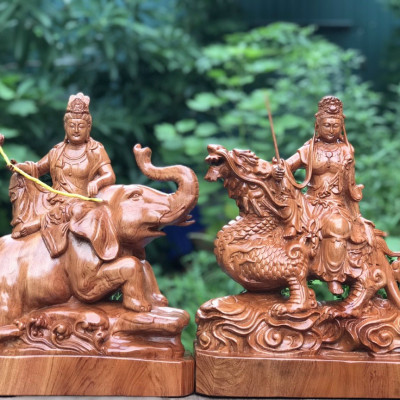 Bộ tượng phật văn thù _ Phổ hiền bồ tát bằng gỗ hương kt 40×32×14cm